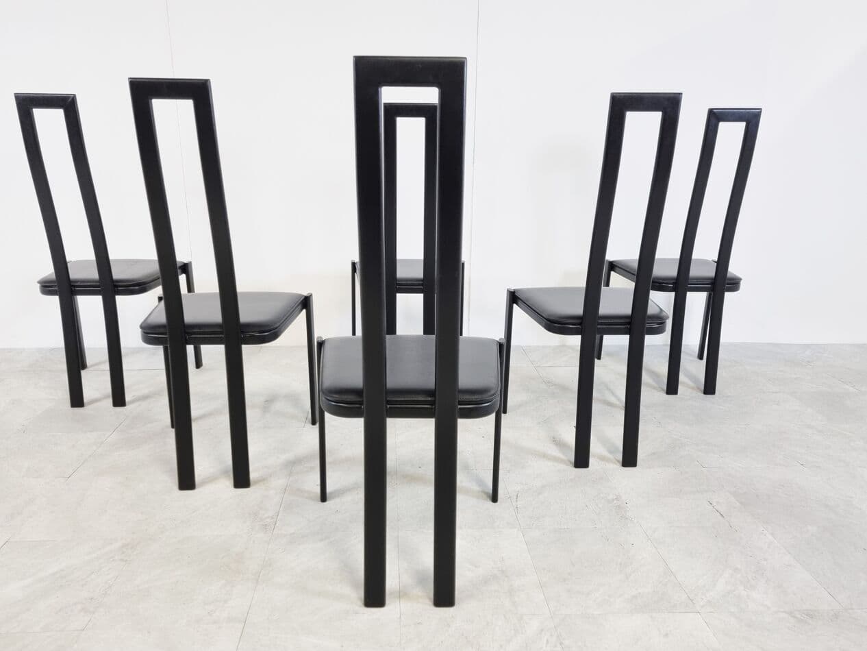 Set of Six Dining Chairs, black metal, black leather, Italy, 1980s. - 265587