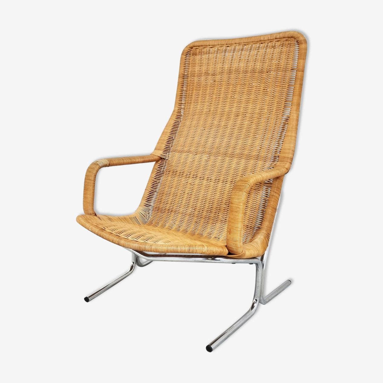 Fotel 514, rattan beżowy, chrom, proj. D. Van Sliedregt, Rohé Noordwolde, Holandia, lata 60. - 265579