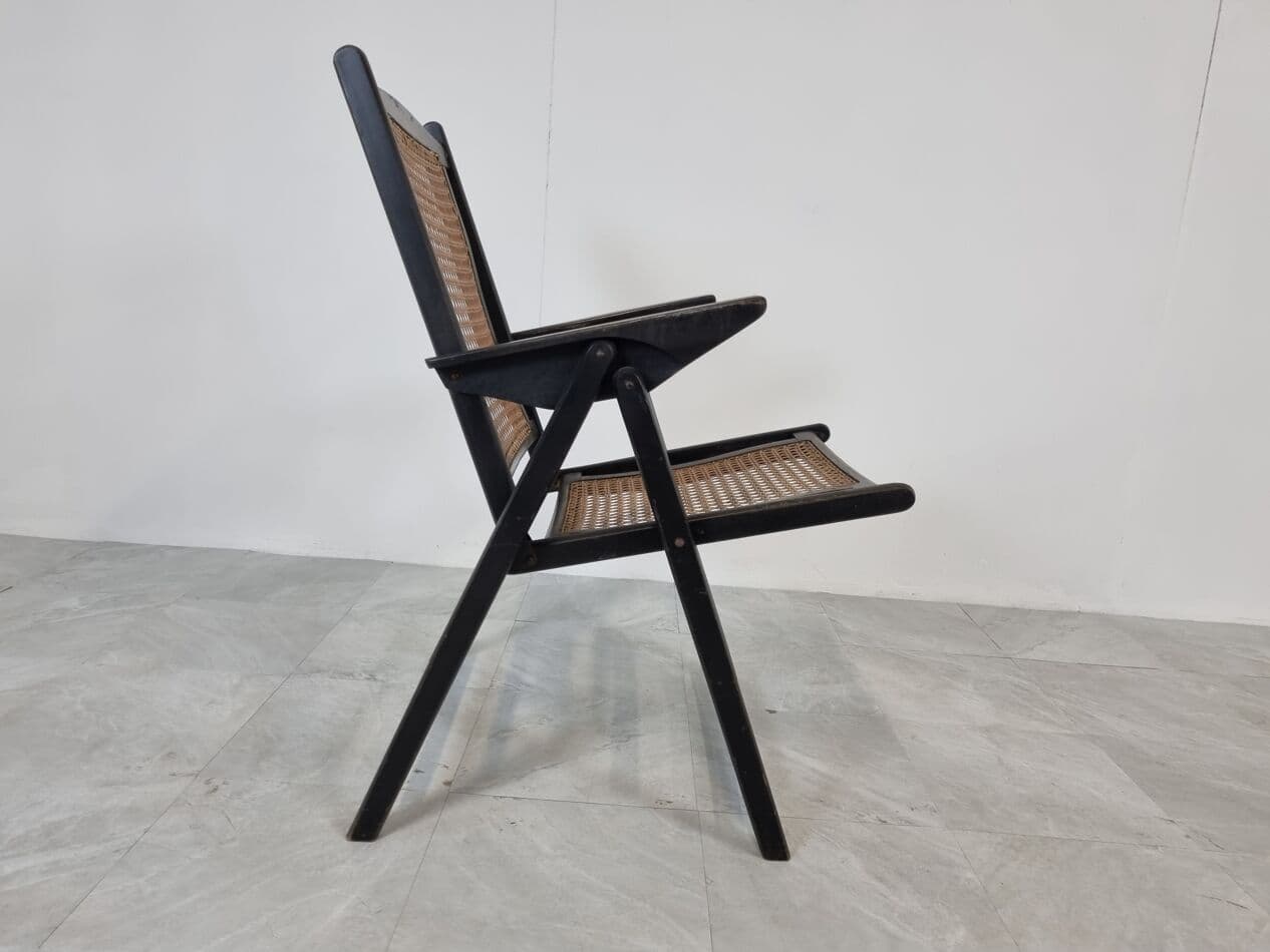 Folding chair, black wood, rattan, Italy, 1960s. - 265545