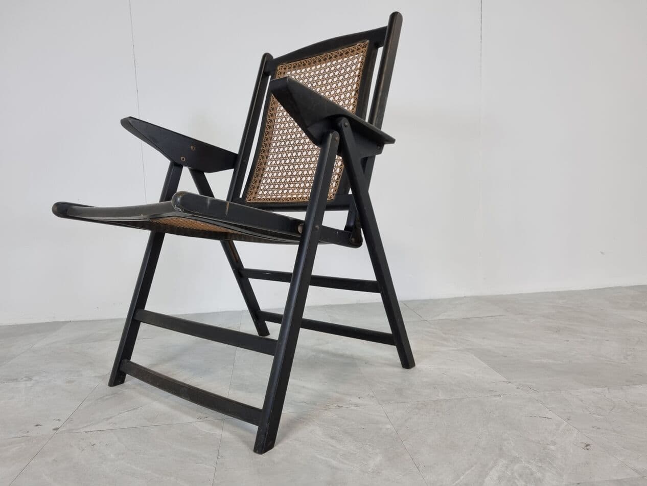 Folding chair, black wood, rattan, Italy, 1960s. - 265551