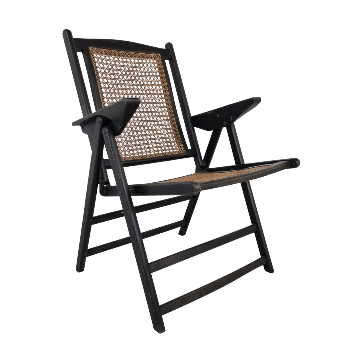 Folding chair, black wood, rattan, Italy, 1960s.