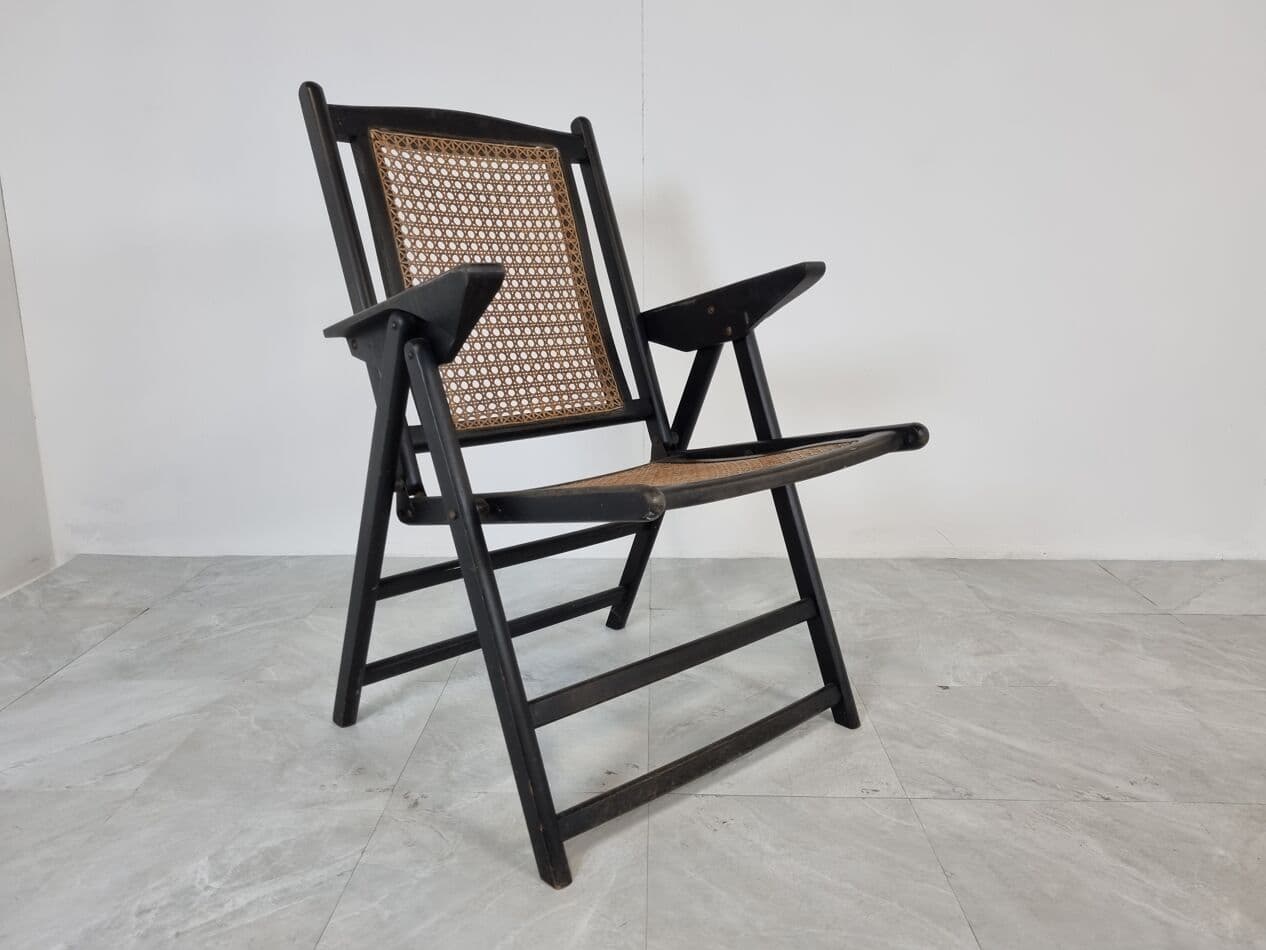 Folding chair, black wood, rattan, Italy, 1960s. - 265546