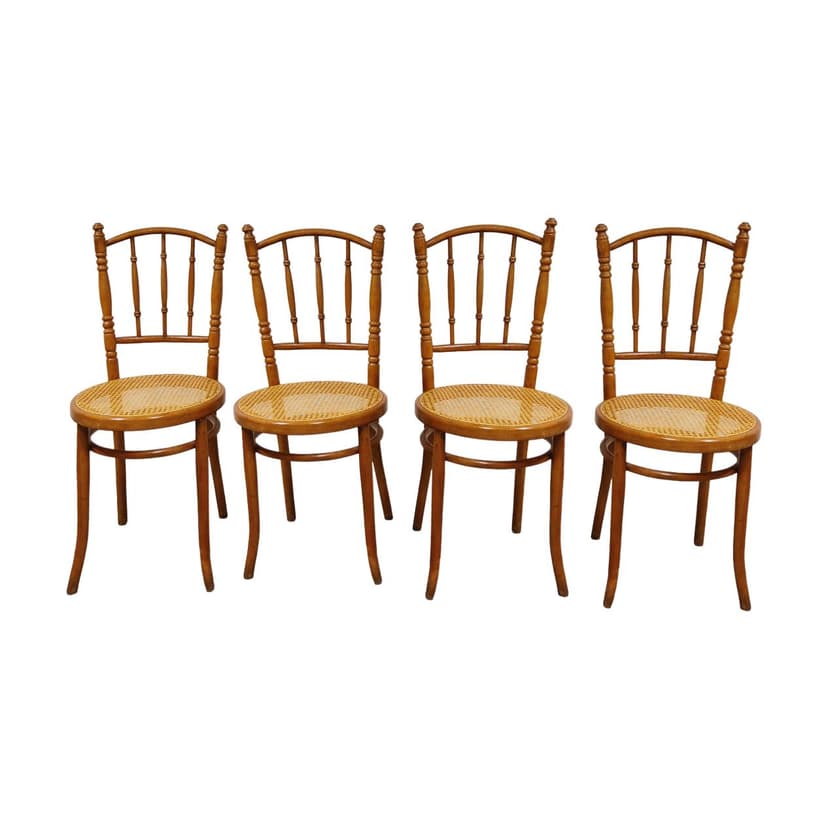 Set of Four Bistro Chairs, brown wood, natural rattan, Austria, 1960s.