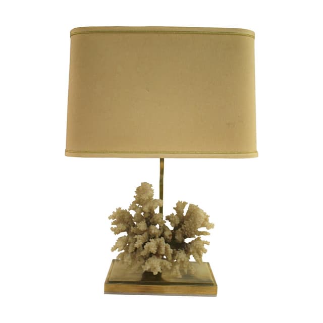Lampa stołowa, koral, mosiądz złoty, Francja, lata 70. - WYMIARY
