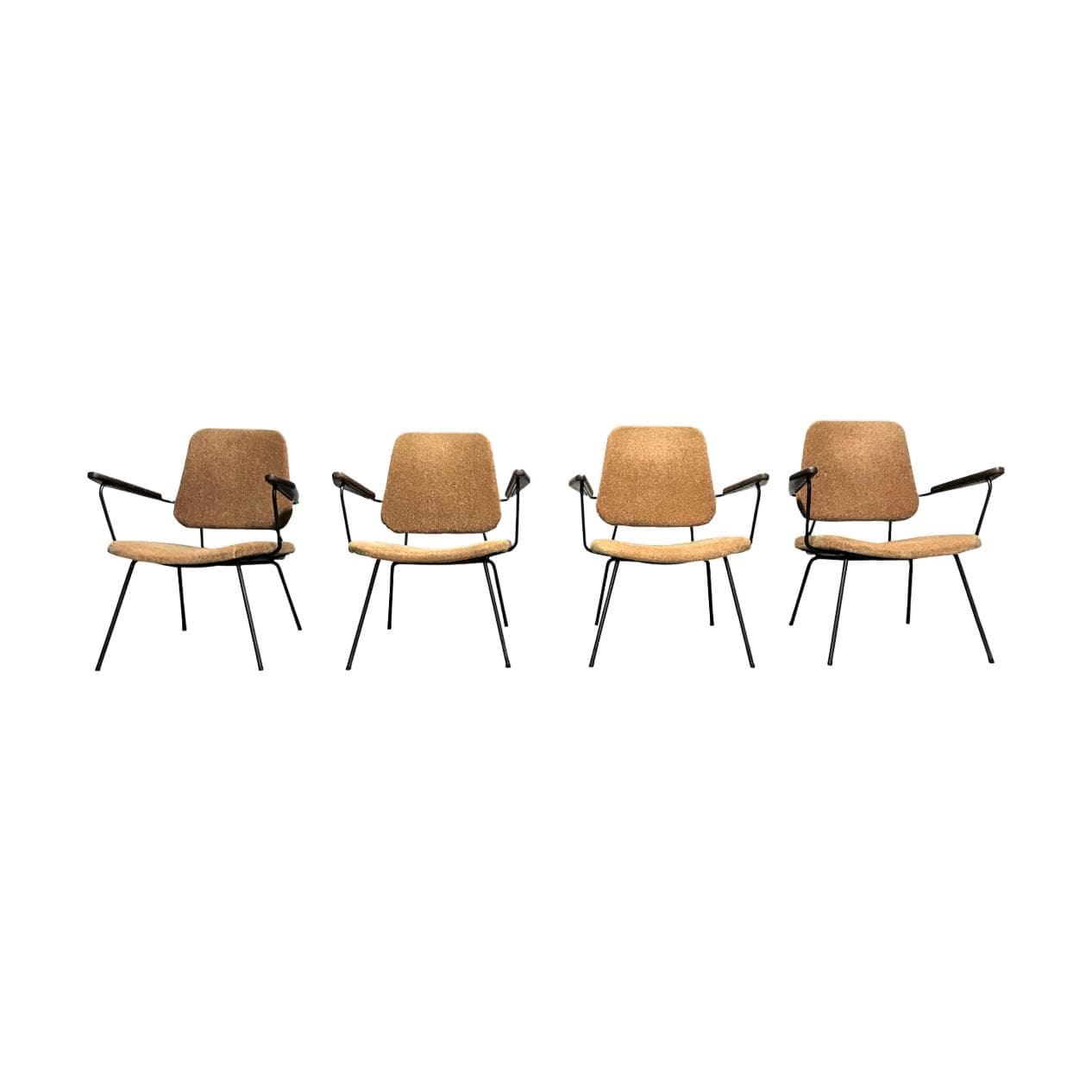 Zestaw czterech foteli, tkanina brązowa, metal czarny, drewno, Holandia, lata 50.