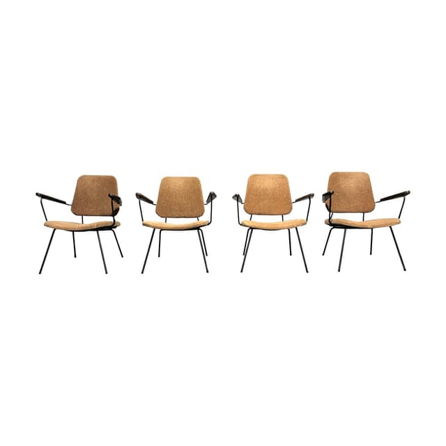 Zestaw czterech foteli, tkanina brązowa, metal czarny, drewno, Holandia, lata 50. - WYMIARY