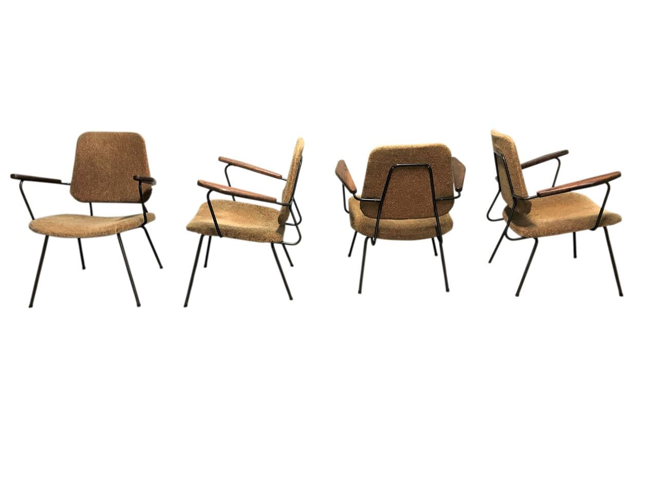 Zestaw czterech foteli, tkanina brązowa, metal czarny, drewno, Holandia, lata 50. - 265377