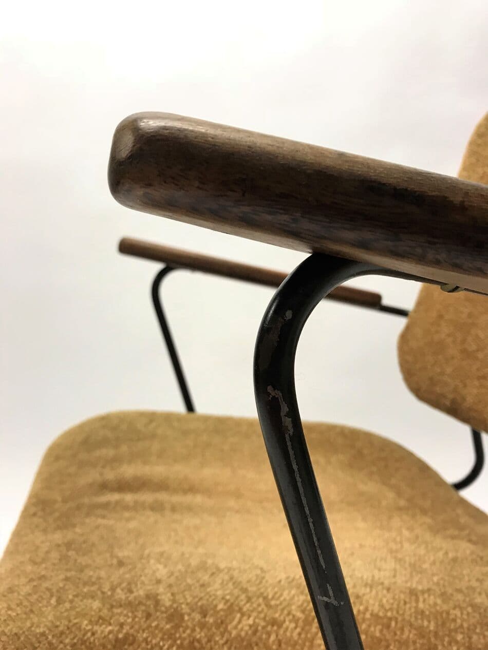 Zestaw czterech foteli, tkanina brązowa, metal czarny, drewno, Holandia, lata 50. - 265386