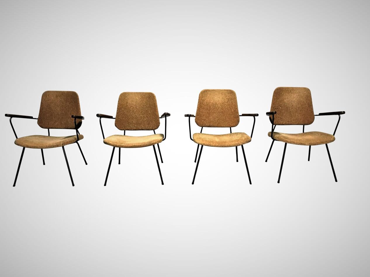 Zestaw czterech foteli, tkanina brązowa, metal czarny, drewno, Holandia, lata 50. - 265375