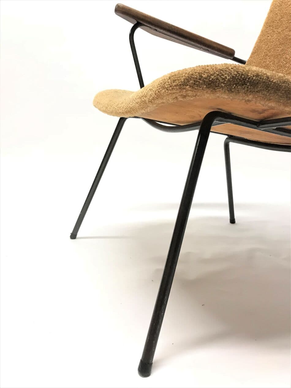 Zestaw czterech foteli, tkanina brązowa, metal czarny, drewno, Holandia, lata 50. - 265383