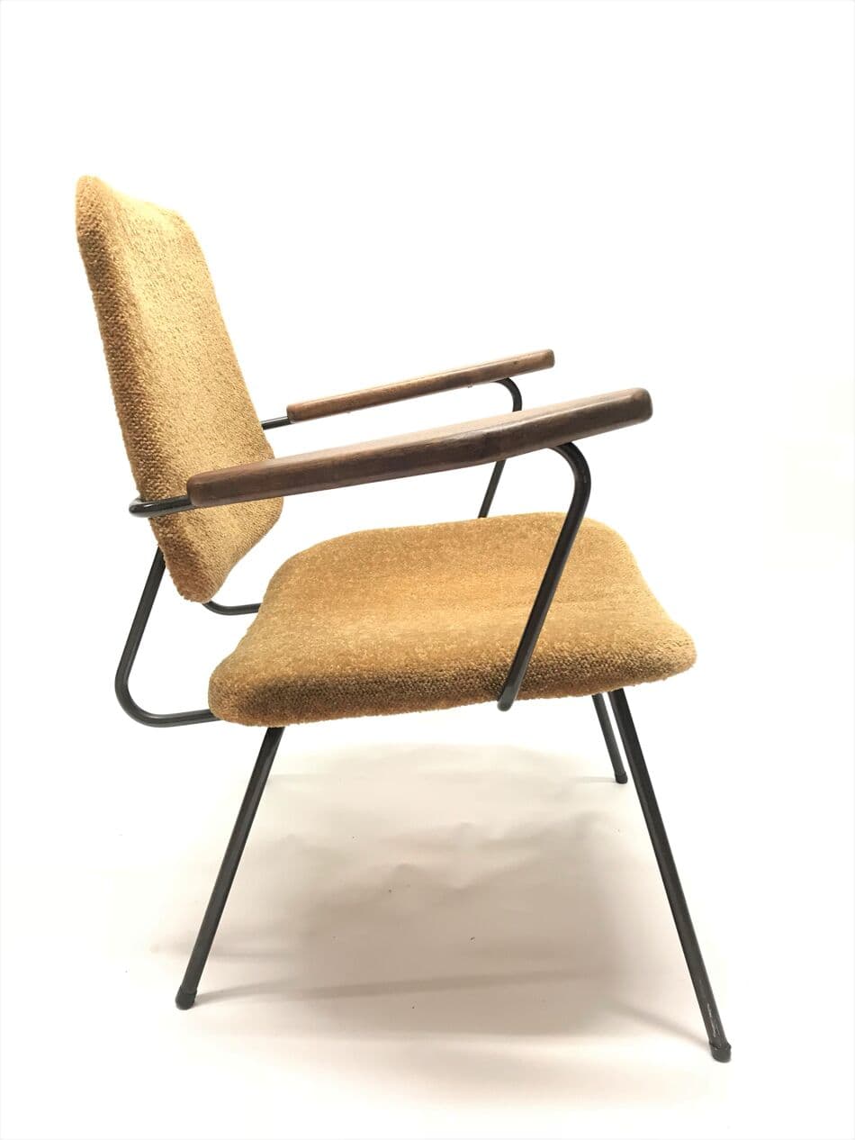 Zestaw czterech foteli, tkanina brązowa, metal czarny, drewno, Holandia, lata 50. - 265380