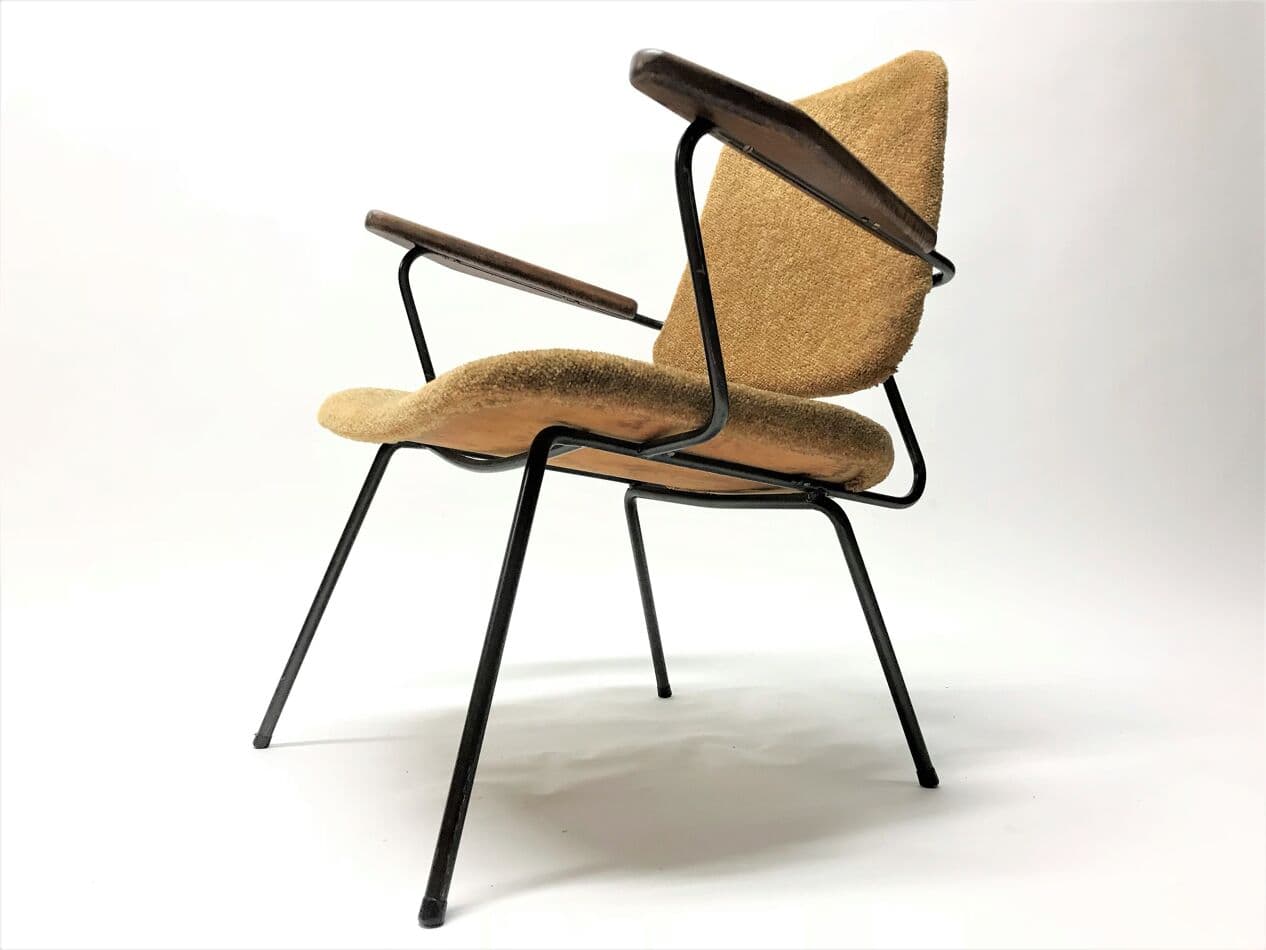 Zestaw czterech foteli, tkanina brązowa, metal czarny, drewno, Holandia, lata 50. - 265385