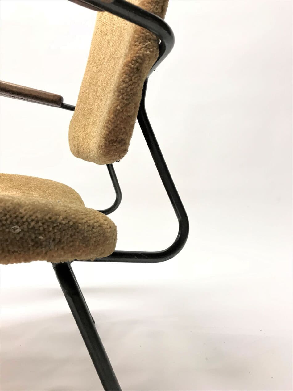 Zestaw czterech foteli, tkanina brązowa, metal czarny, drewno, Holandia, lata 50. - 265384