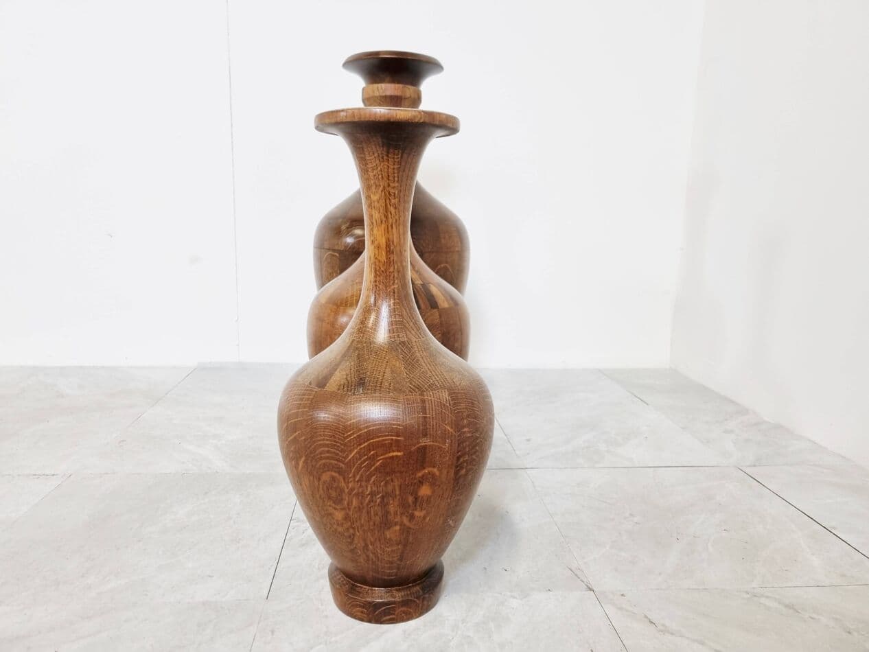 Zestaw trzech wazonów, drewno brązowy, proj. M. Bonami, Belgia, lata 70. - 265343