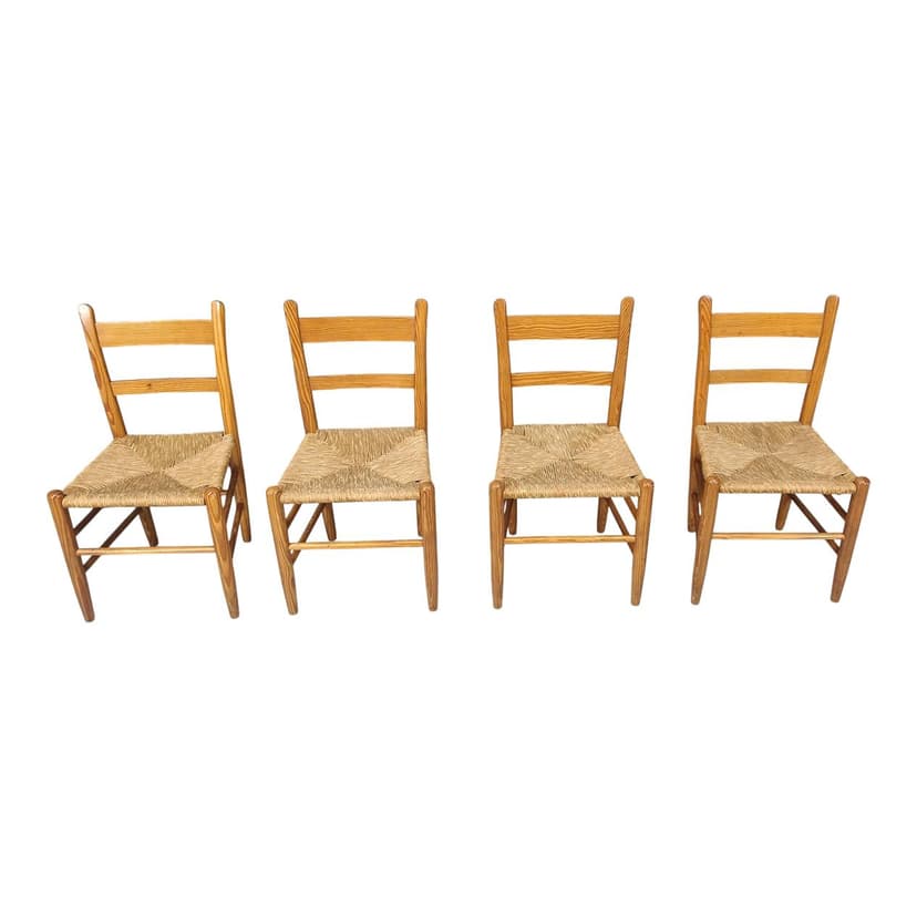 Set of Four Dining Chairs, honey oak, beige wicker, Denmark, 1970s.