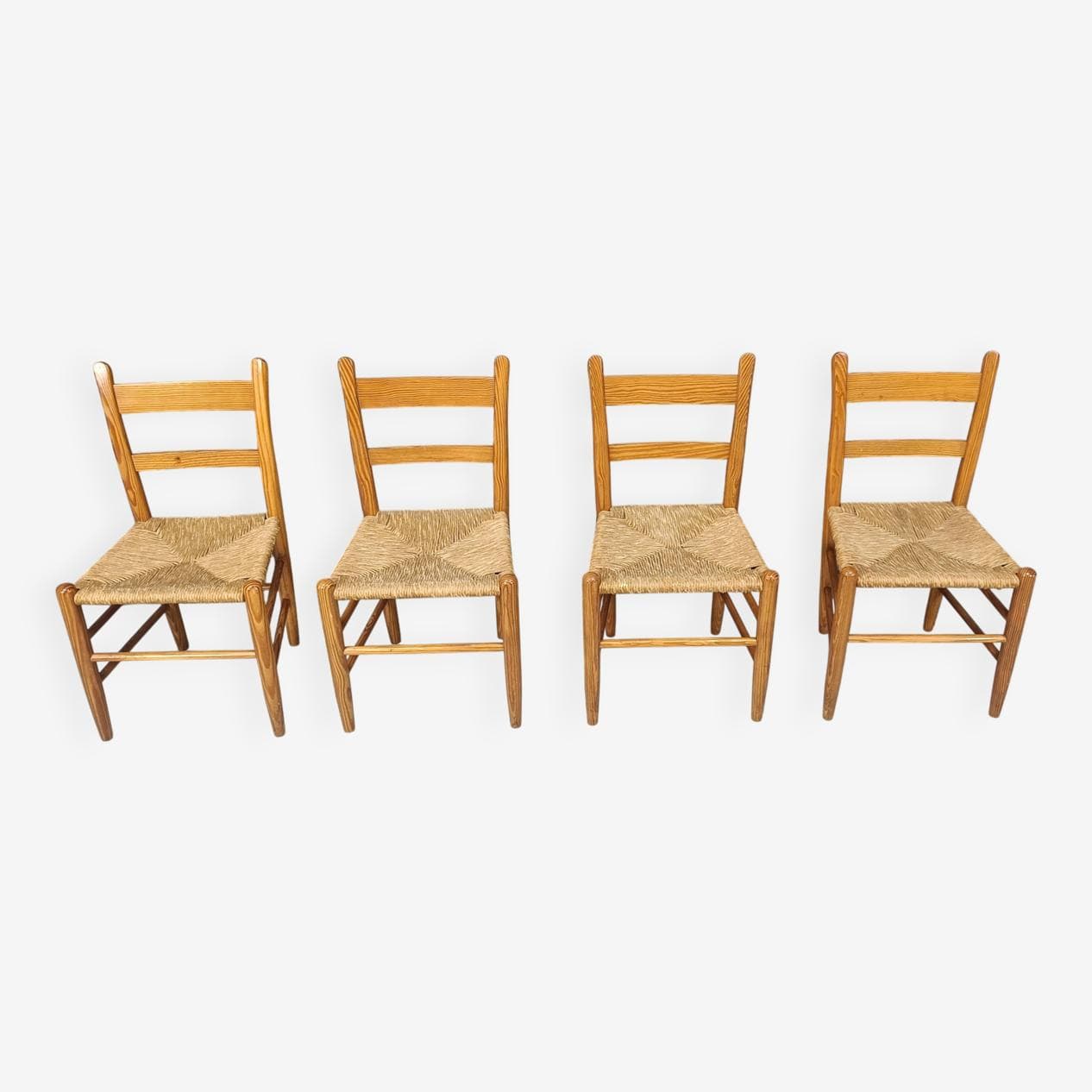 Zestaw czterech krzeseł jadalnianych, dąb miodowy, wiklina beżowa, Dania, lata 70. - 265245