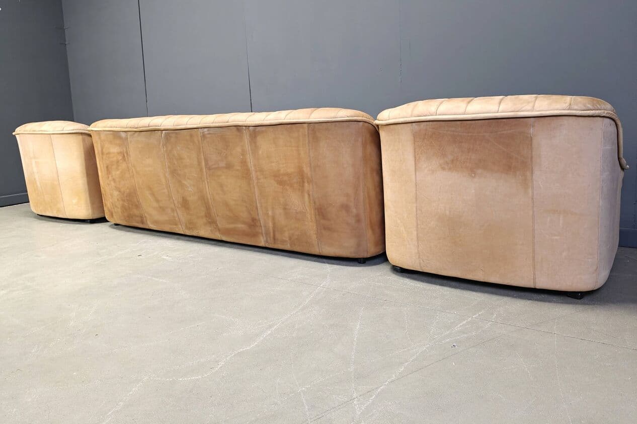 Trzyczęściowy zestaw wypoczynkowy, skóra beżowa, Niemcy, lata 60. - 265216