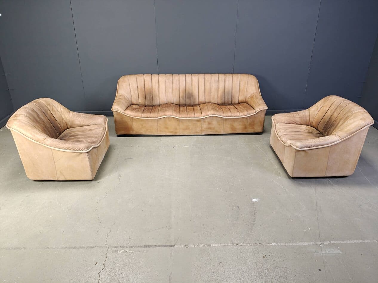 Trzyczęściowy zestaw wypoczynkowy, skóra beżowa, Niemcy, lata 60. - 265215