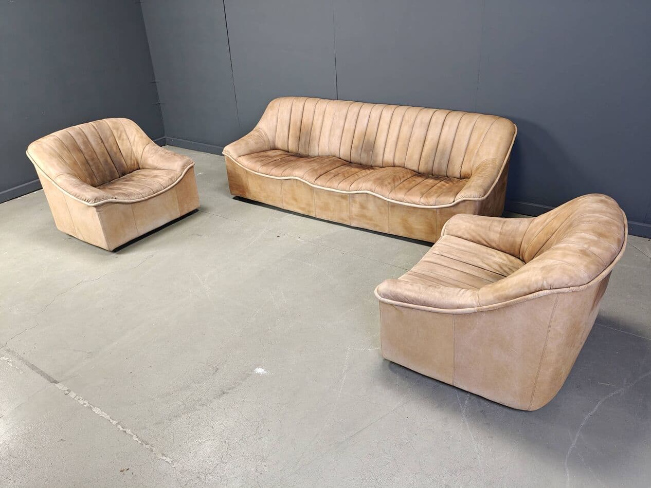 Trzyczęściowy zestaw wypoczynkowy, skóra beżowa, Niemcy, lata 60. - 265220