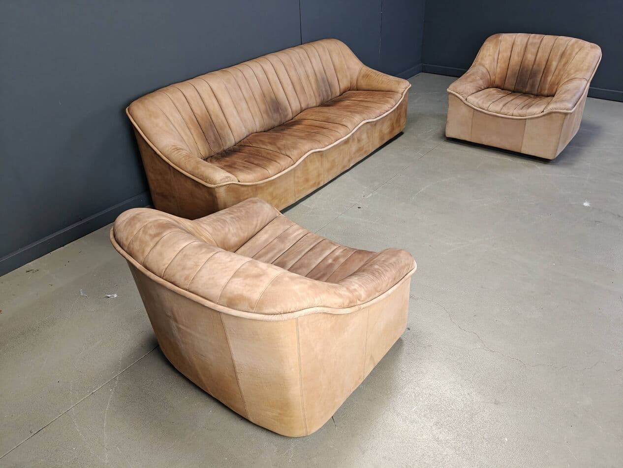 Trzyczęściowy zestaw wypoczynkowy, skóra beżowa, Niemcy, lata 60. - 265219