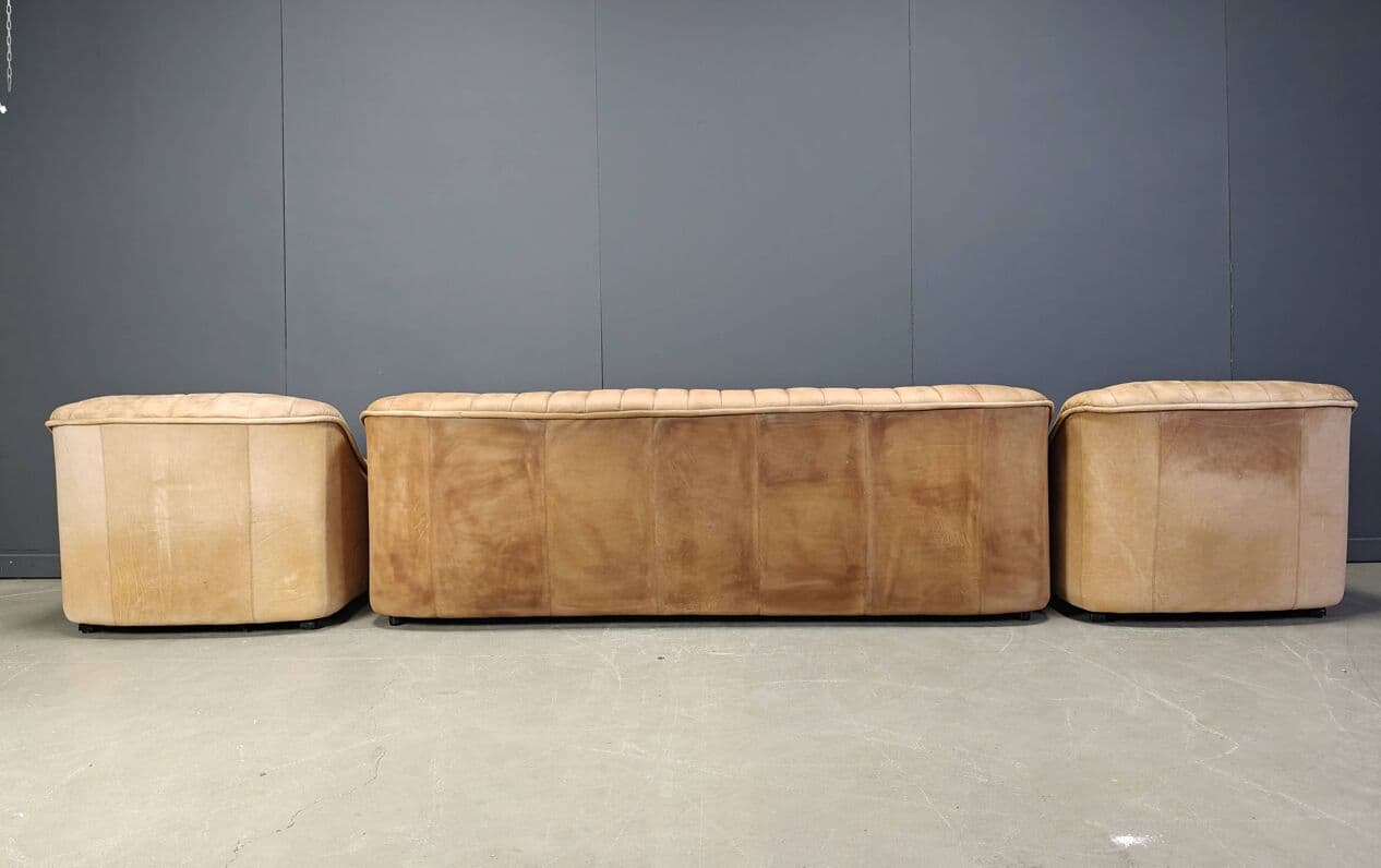 Trzyczęściowy zestaw wypoczynkowy, skóra beżowa, Niemcy, lata 60. - 265217