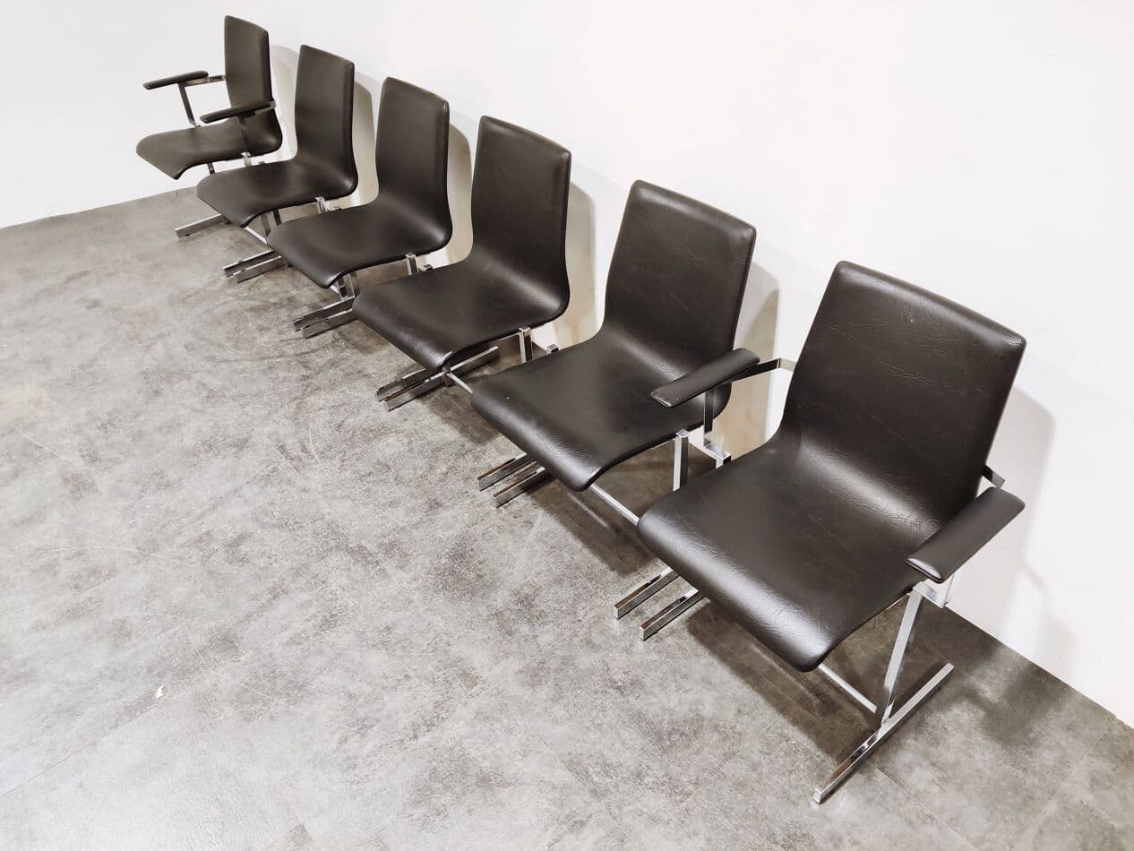 Set of Six Dining Chairs, Rudi Verelst Style, black faux leather, chrome, Belgium, 1970s. - 265195