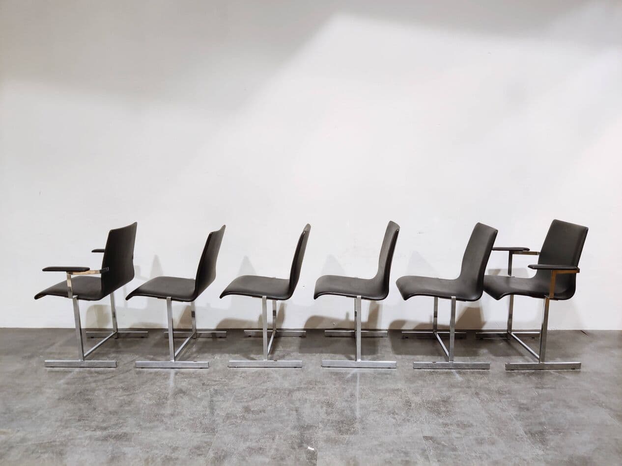 Set of Six Dining Chairs, Rudi Verelst Style, black faux leather, chrome, Belgium, 1970s. - 265198