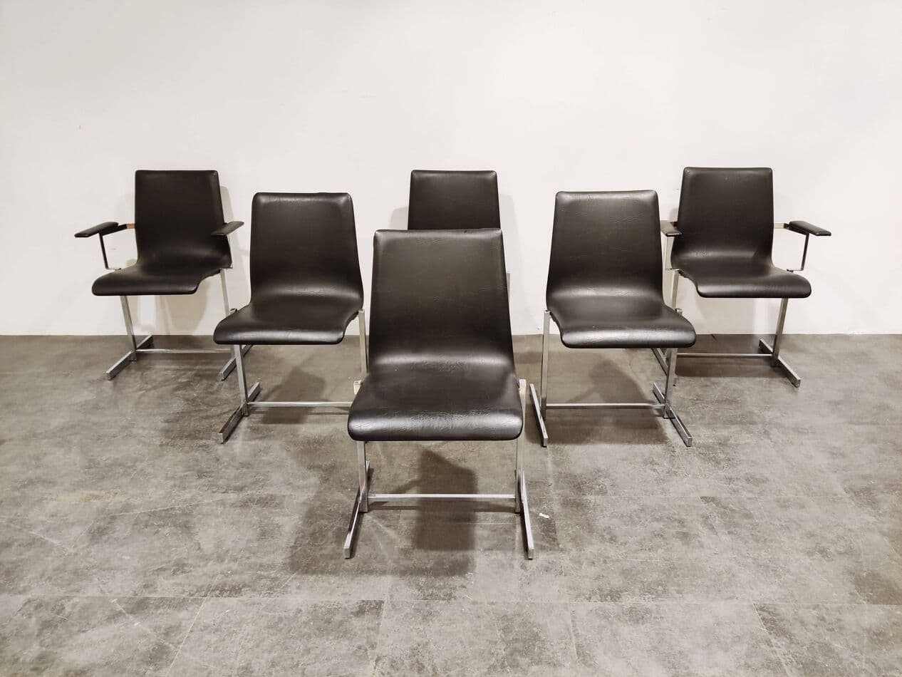 Set of Six Dining Chairs, Rudi Verelst Style, black faux leather, chrome, Belgium, 1970s. - 265190