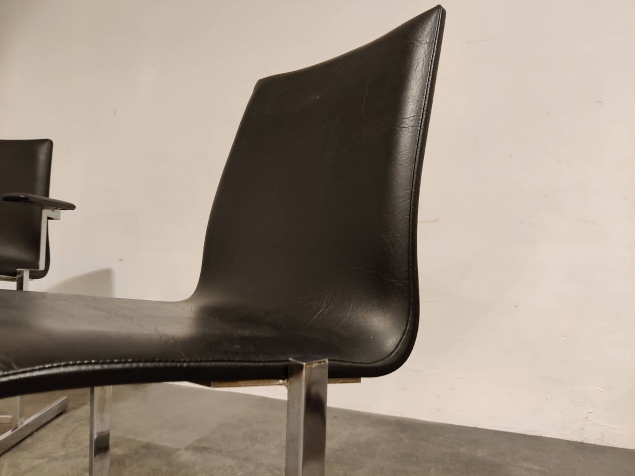 Set of Six Dining Chairs, Rudi Verelst Style, black faux leather, chrome, Belgium, 1970s. - 265200