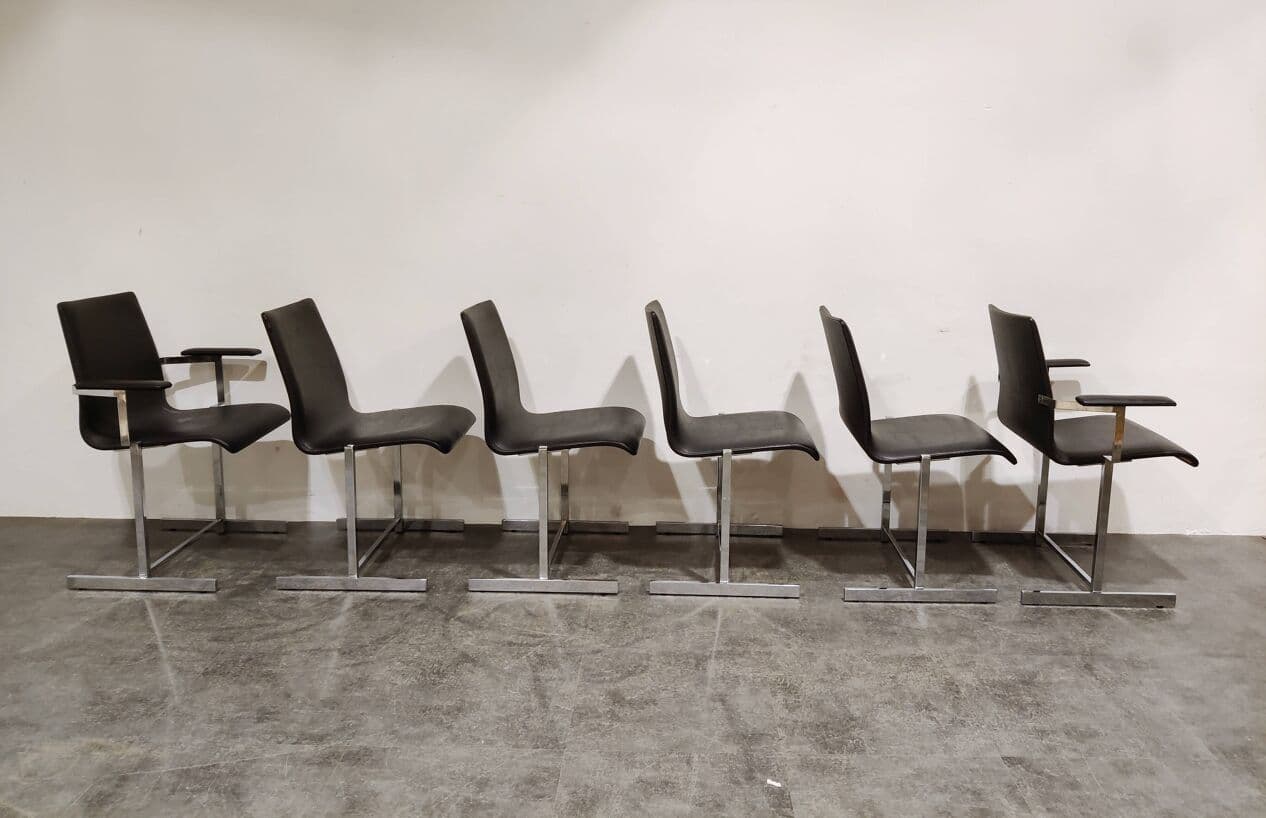 Set of Six Dining Chairs, Rudi Verelst Style, black faux leather, chrome, Belgium, 1970s. - 265196