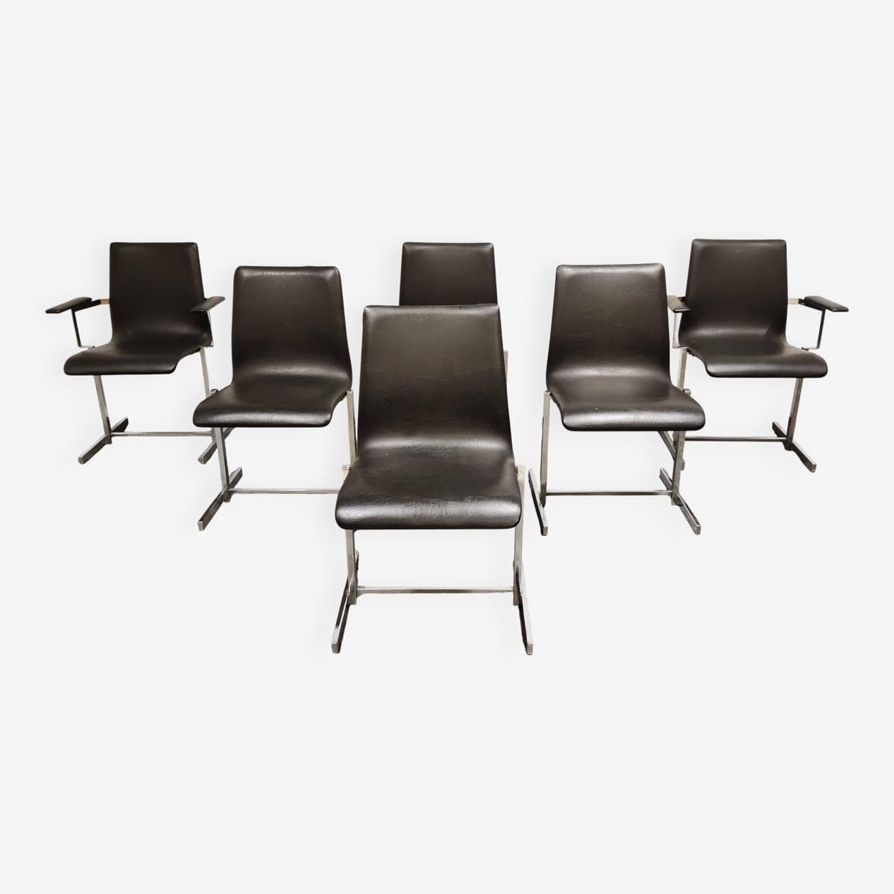 Set of Six Dining Chairs, Rudi Verelst Style, black faux leather, chrome, Belgium, 1970s. - 265192