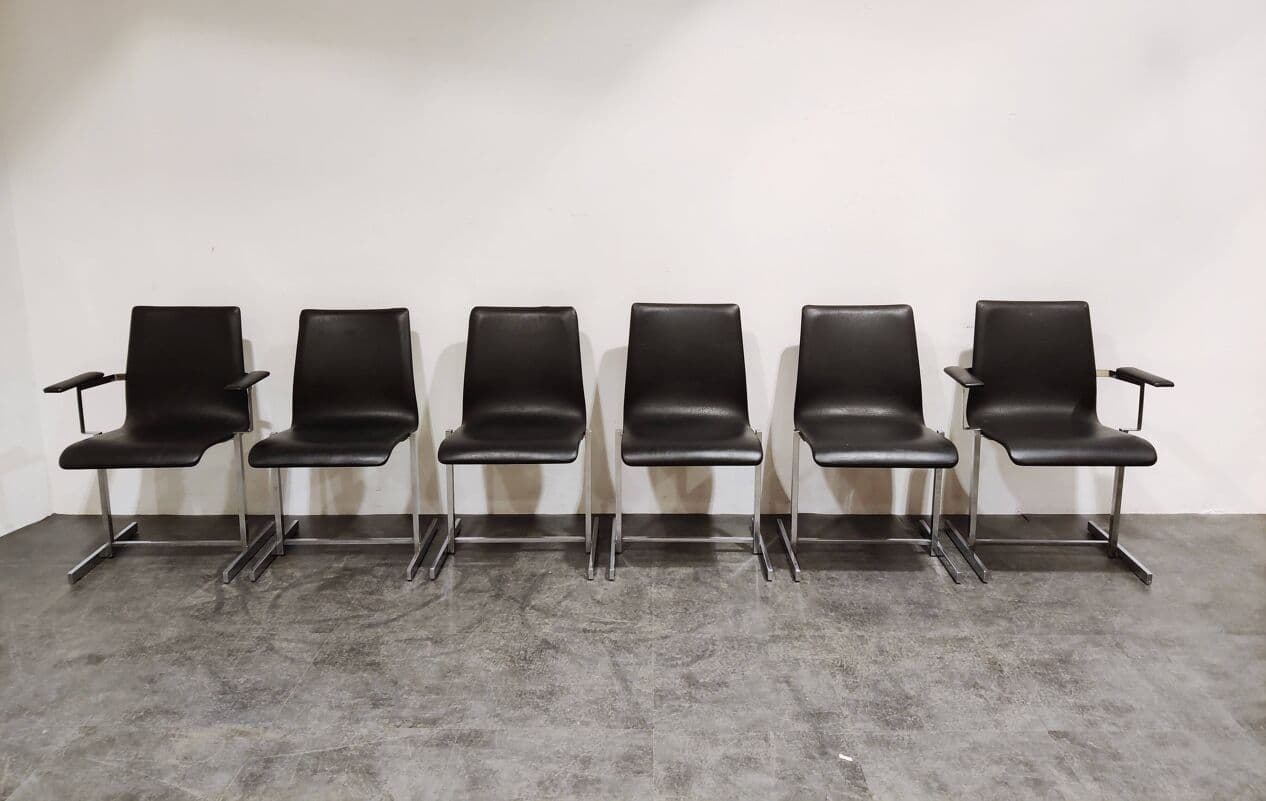 Set of Six Dining Chairs, Rudi Verelst Style, black faux leather, chrome, Belgium, 1970s. - 265194