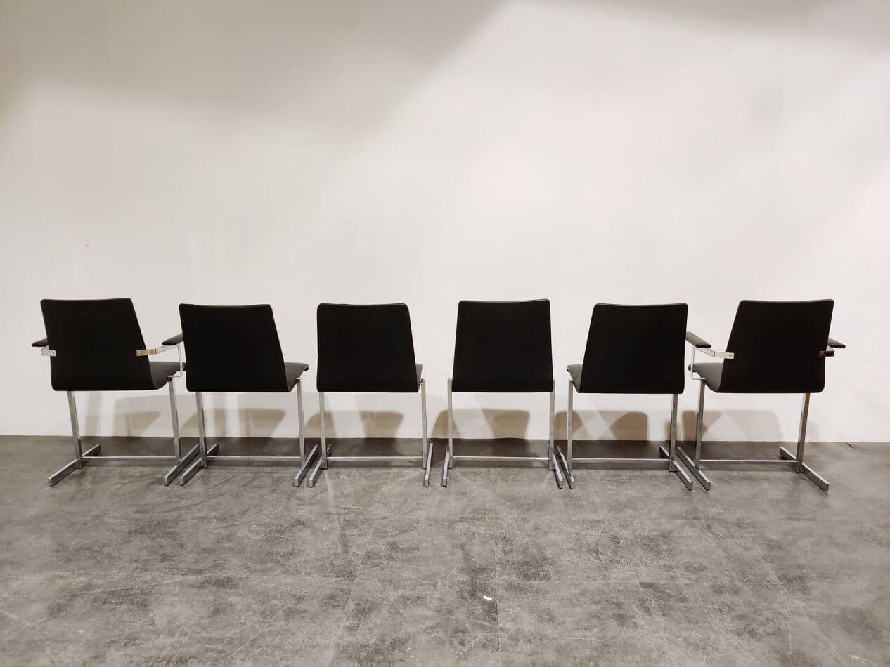 Set of Six Dining Chairs, Rudi Verelst Style, black faux leather, chrome, Belgium, 1970s. - 265197