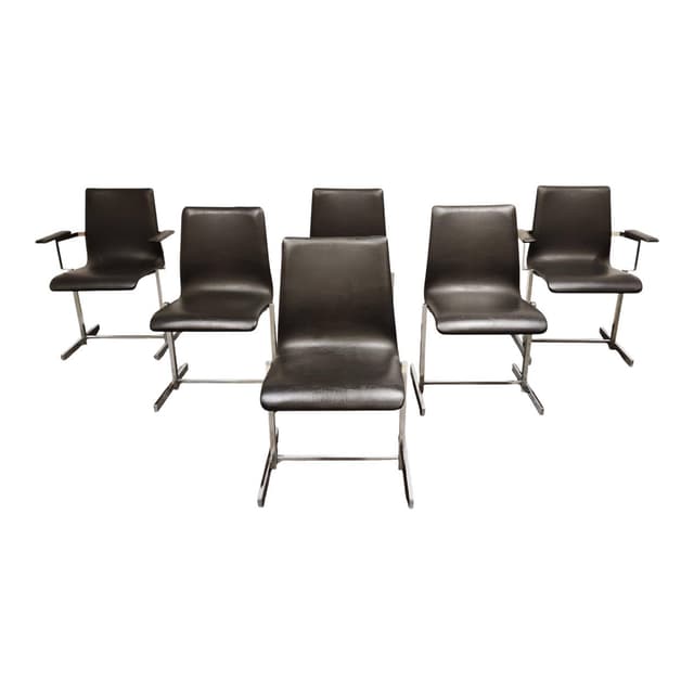 Set of Six Dining Chairs, Rudi Verelst Style, black faux leather, chrome, Belgium, 1970s. - DIMENSION