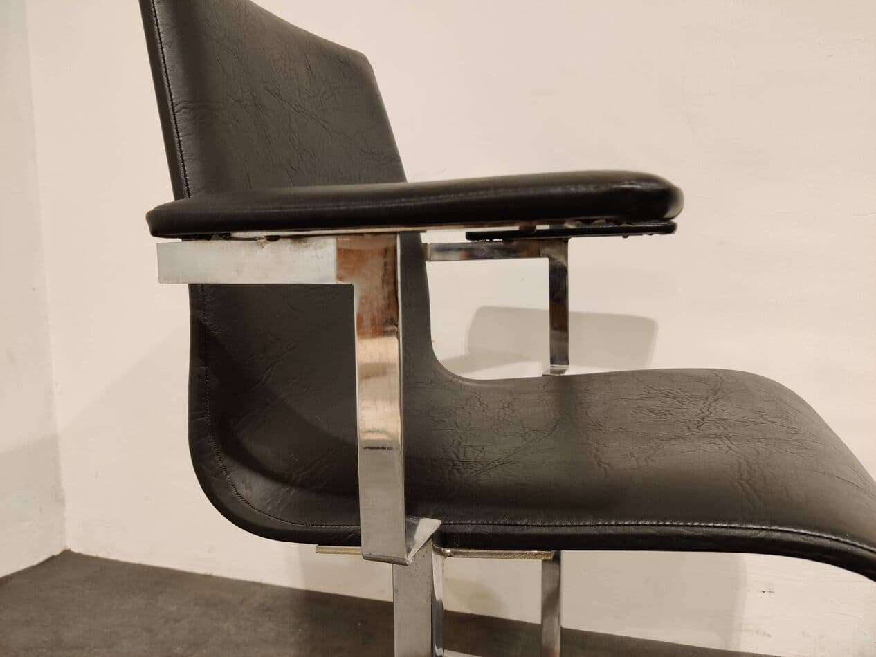 Set of Six Dining Chairs, Rudi Verelst Style, black faux leather, chrome, Belgium, 1970s. - 265193