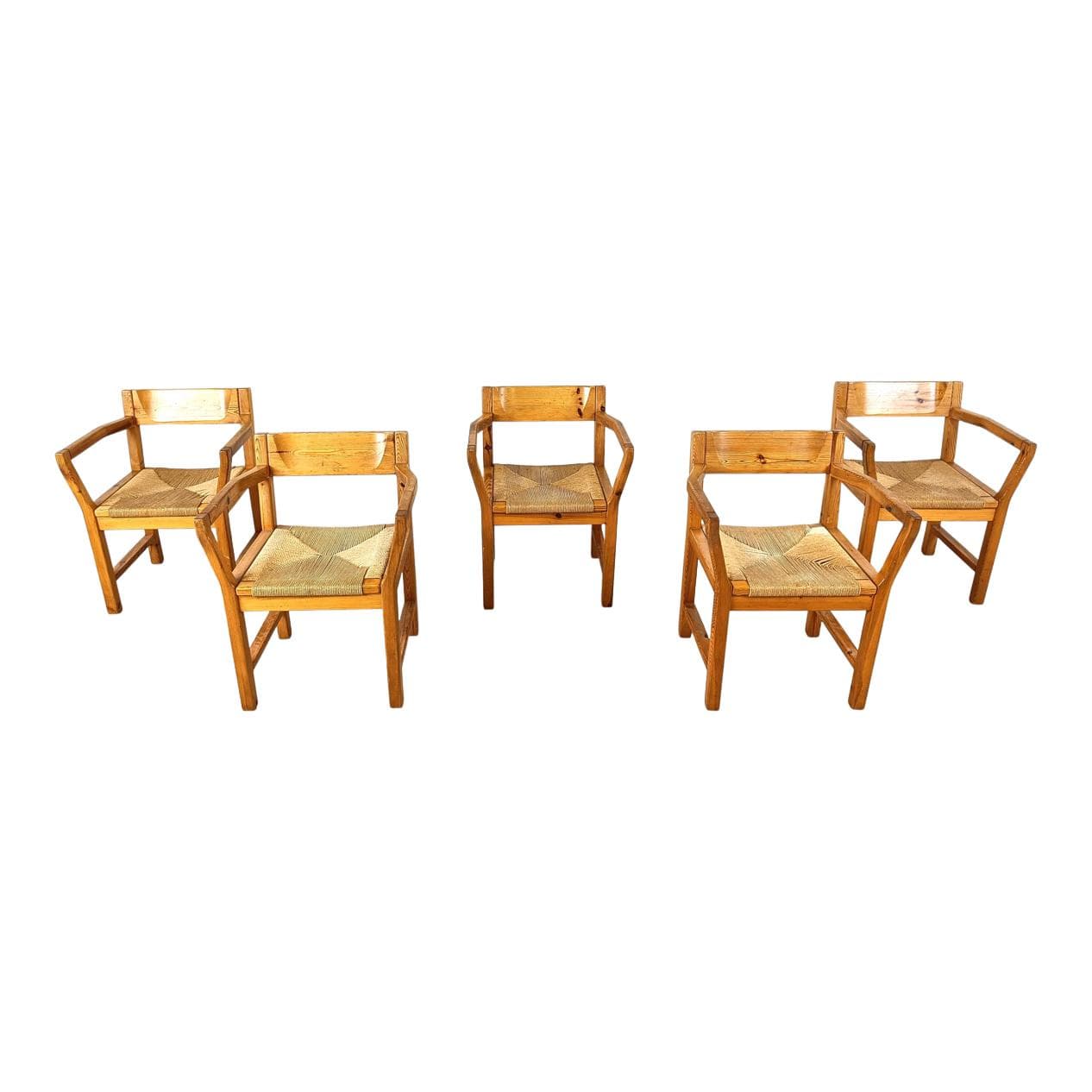 Zestaw pięciu krzeseł z podłokietnikami, sosna brązowa, sznurek papierowy beżowy, Dania, lata 60.