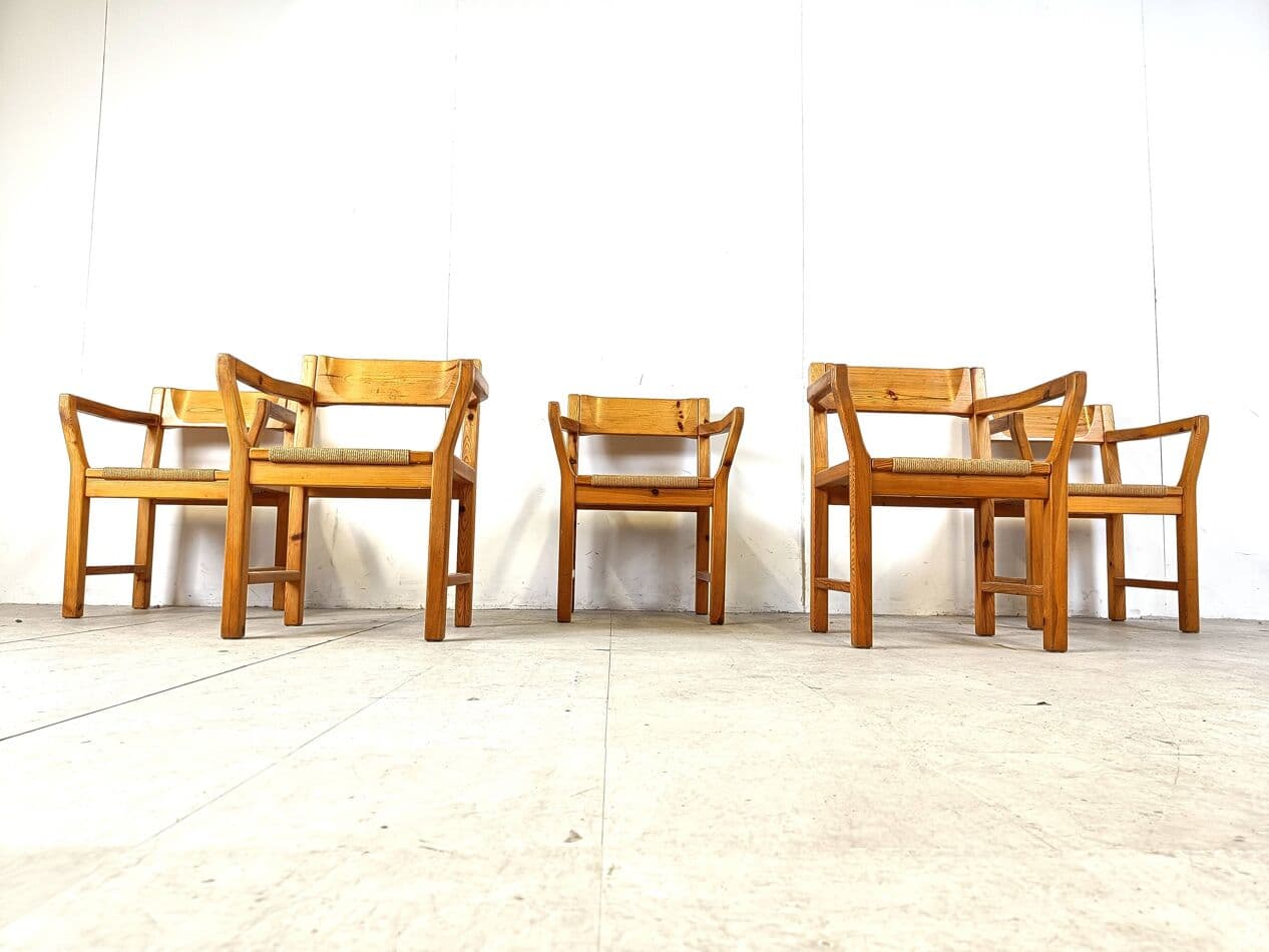 Zestaw pięciu krzeseł z podłokietnikami, sosna brązowa, sznurek papierowy beżowy, Dania, lata 60. - 265184