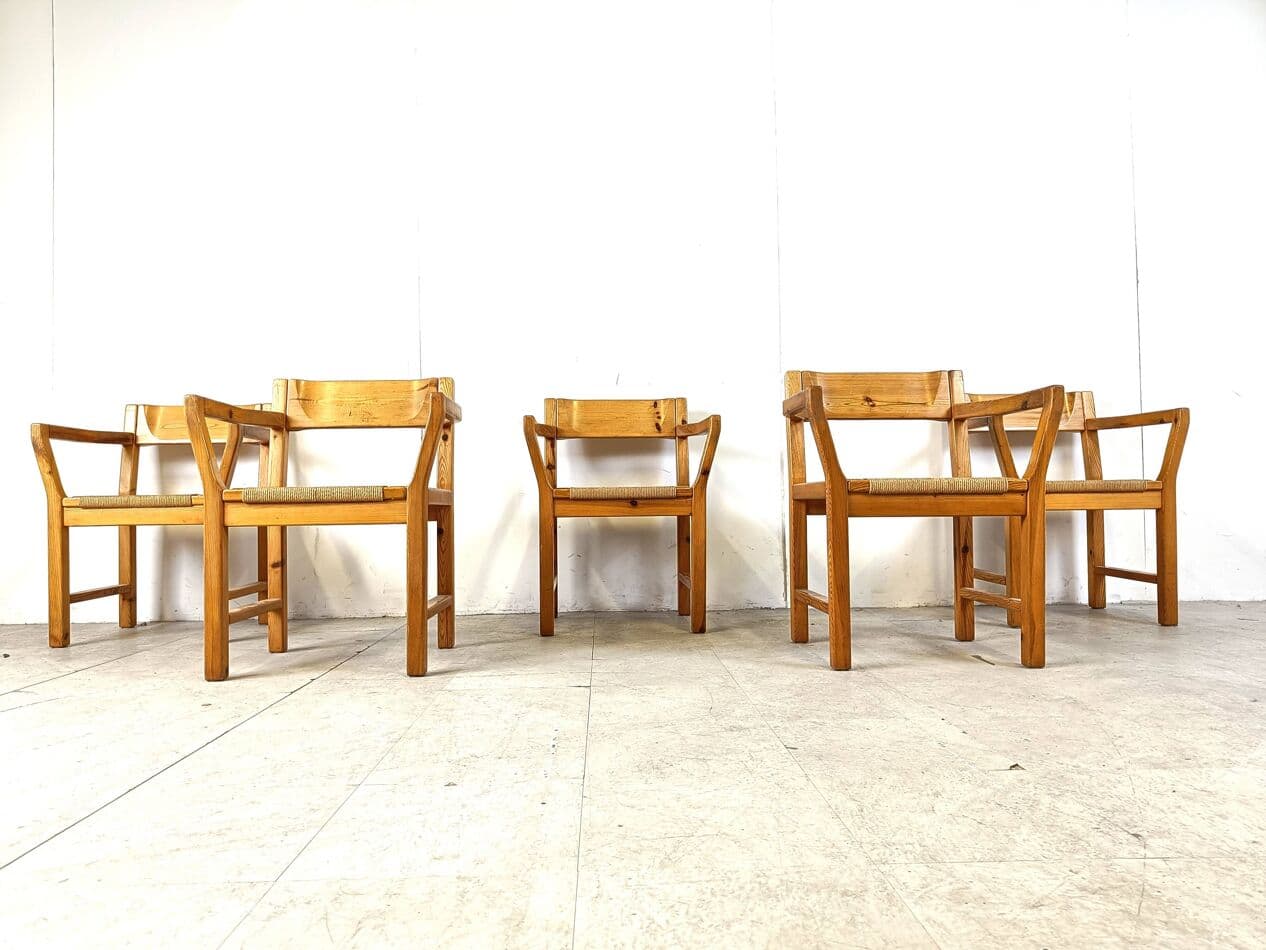 Zestaw pięciu krzeseł z podłokietnikami, sosna brązowa, sznurek papierowy beżowy, Dania, lata 60. - 265183