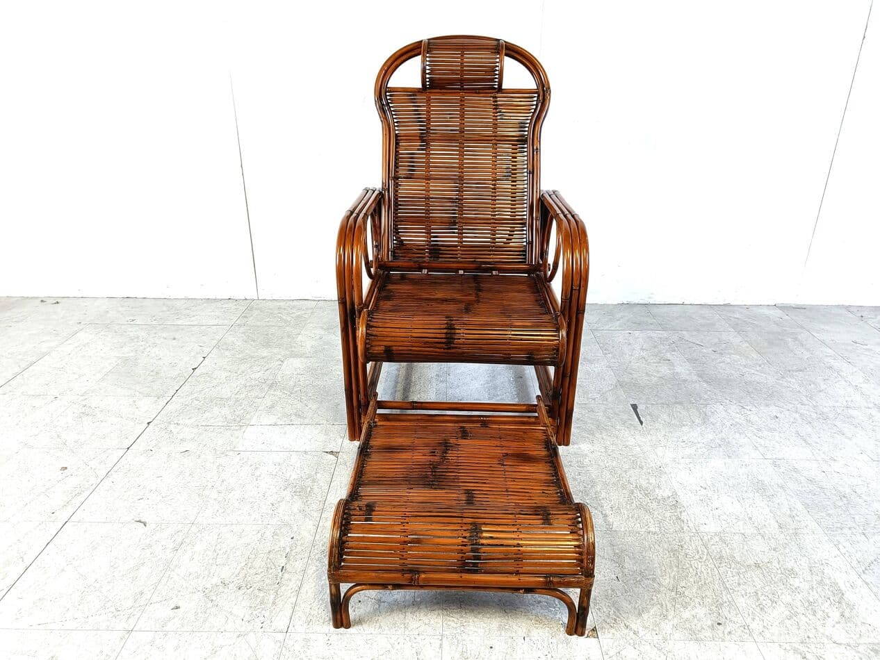 Garden lounger, brown bamboo, brown rattan, France, 1950s - 265170