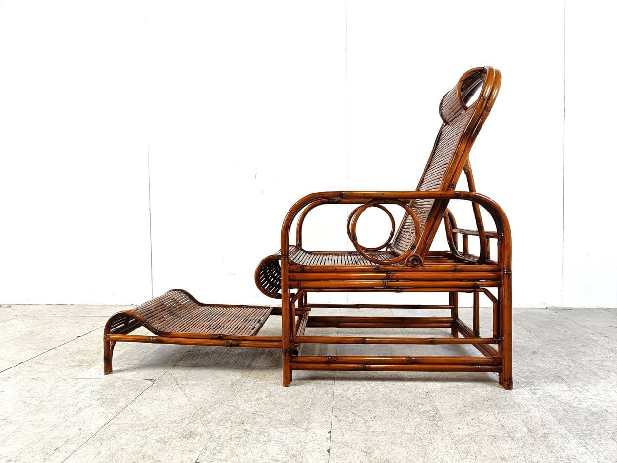 Garden lounger, brown bamboo, brown rattan, France, 1950s - 265161