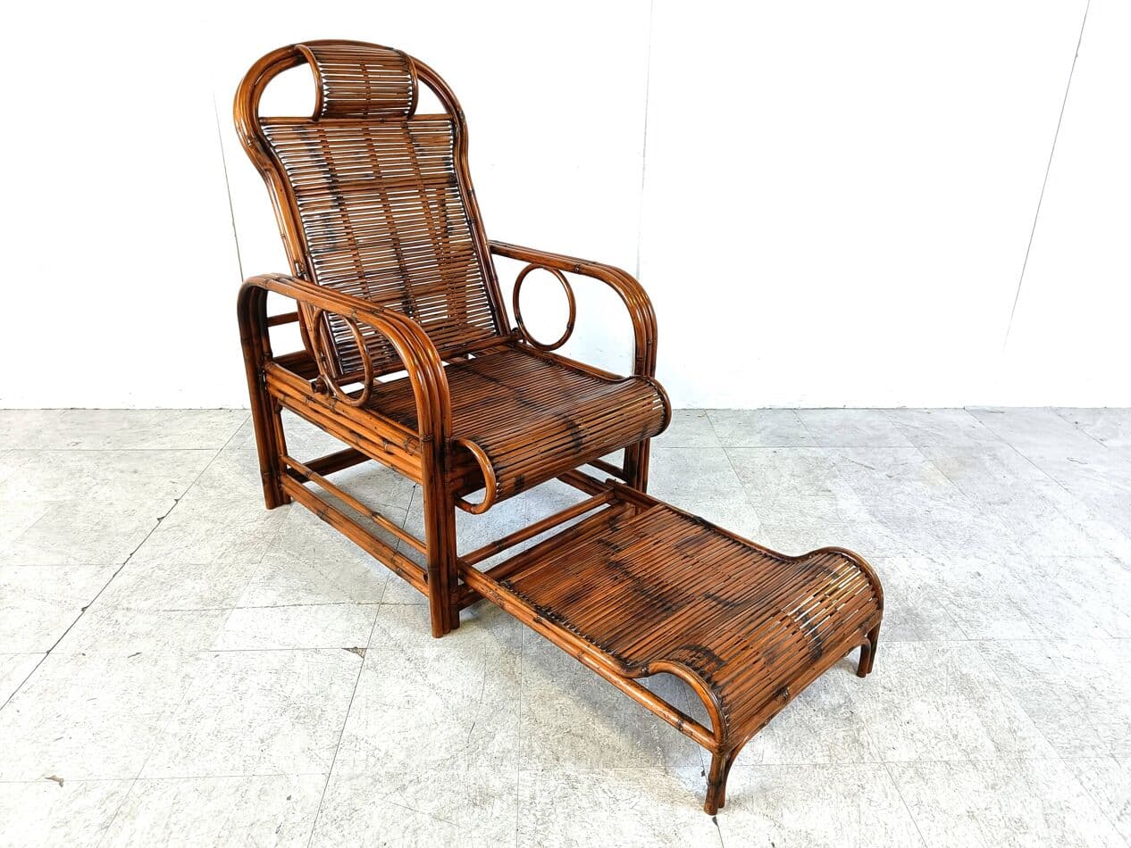 Garden lounger, brown bamboo, brown rattan, France, 1950s - 265173