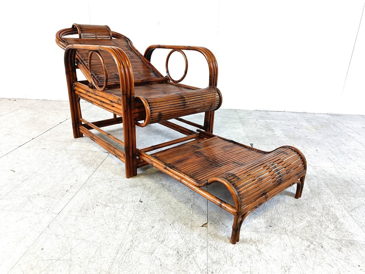 Garden lounger, brown bamboo, brown rattan, France, 1950s - 265166