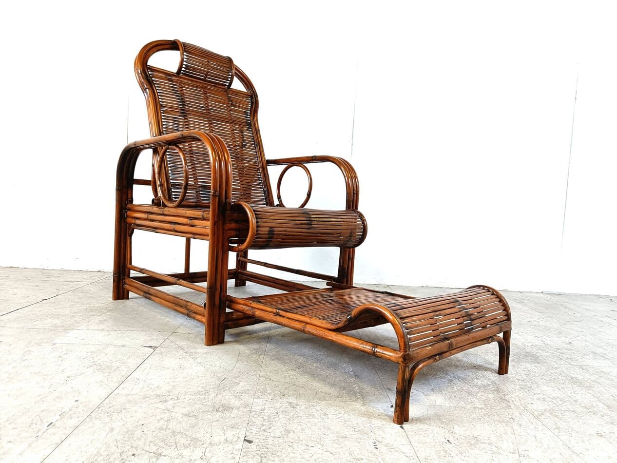 Garden lounger, brown bamboo, brown rattan, France, 1950s - 265172