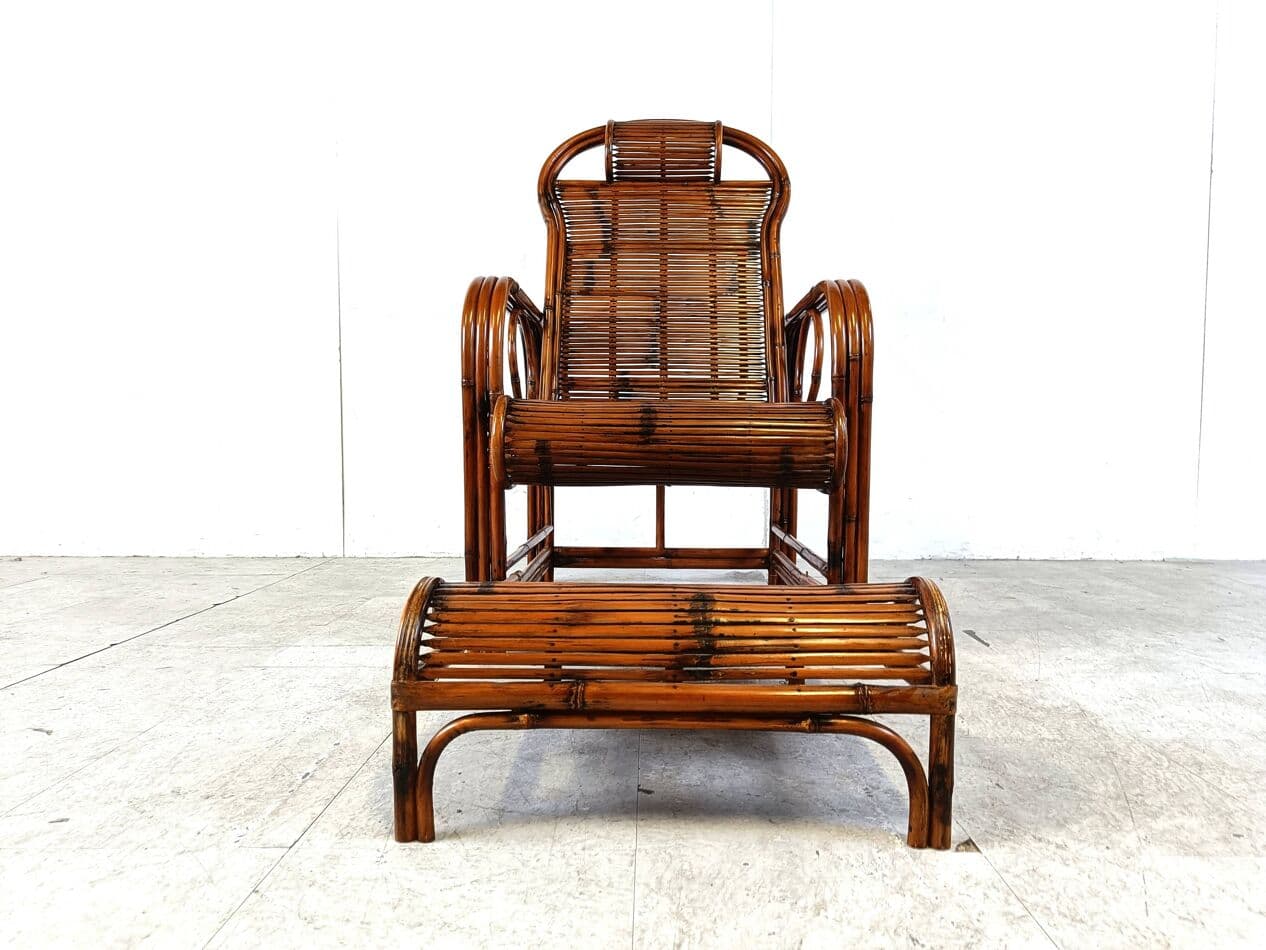 Garden lounger, brown bamboo, brown rattan, France, 1950s - 265171