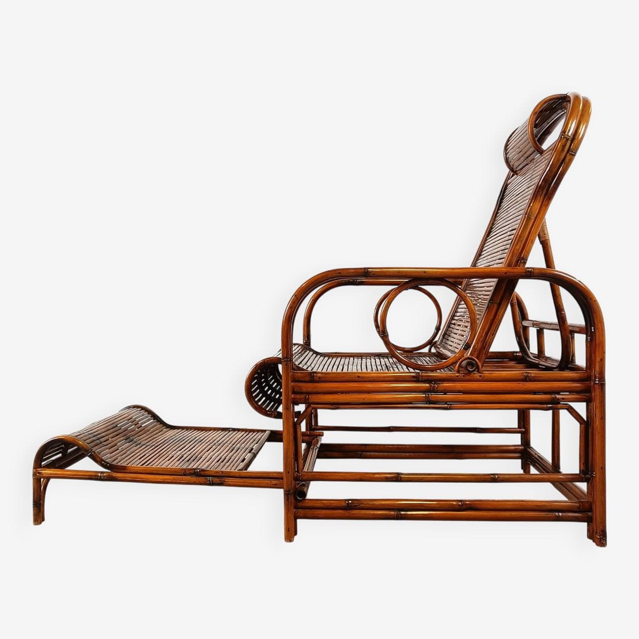 Garden lounger, brown bamboo, brown rattan, France, 1950s - 265167
