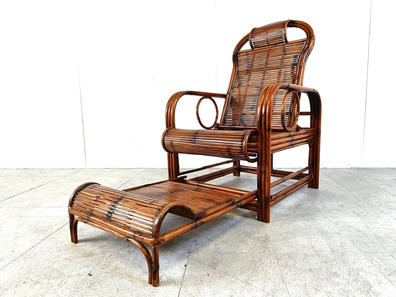 Garden lounger, brown bamboo, brown rattan, France, 1950s - 265168