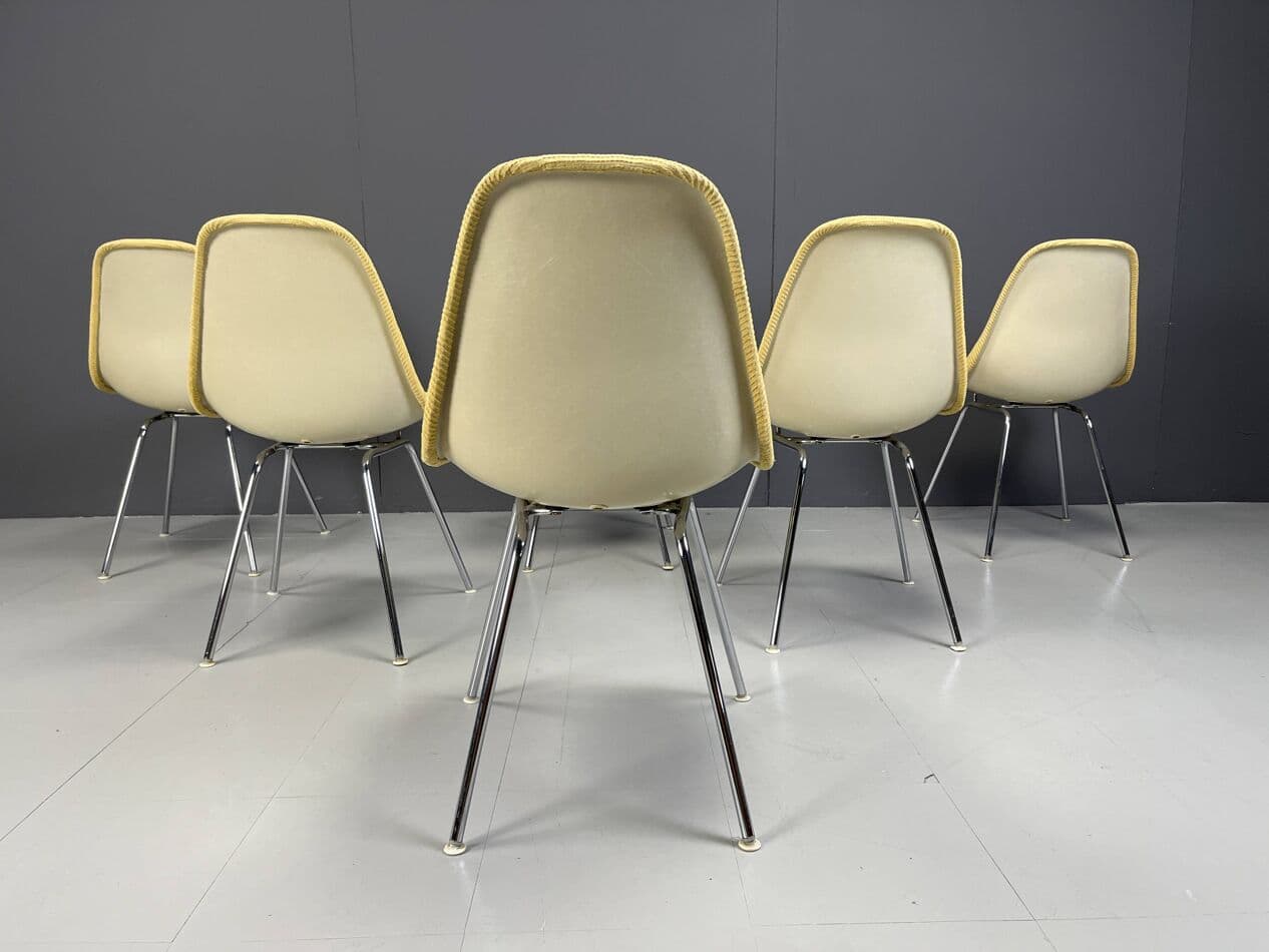 Set of Six Dining Chairs, Eames, yellow, fabric, fiberglass, chrome, by C. & R. Eames, Herman Miller, USA, 1970s. - 265154