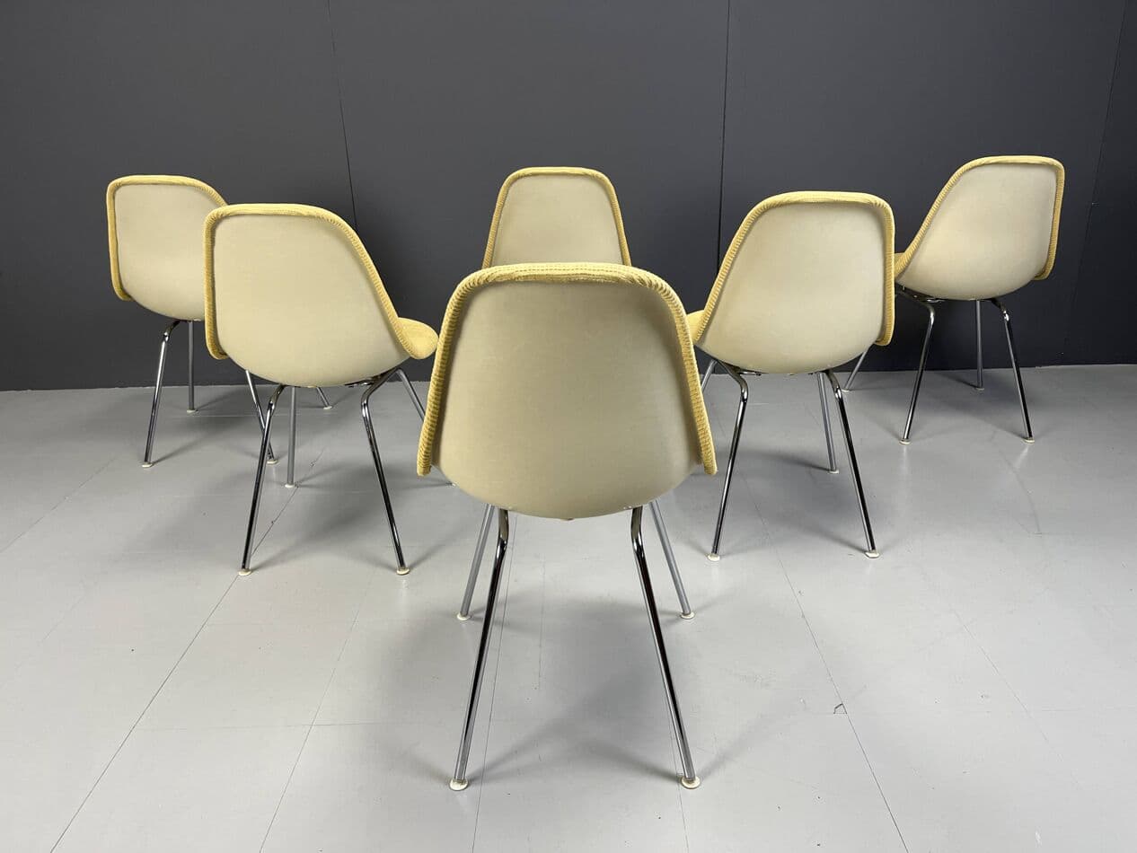 Set of Six Dining Chairs, Eames, yellow, fabric, fiberglass, chrome, by C. & R. Eames, Herman Miller, USA, 1970s. - 265153