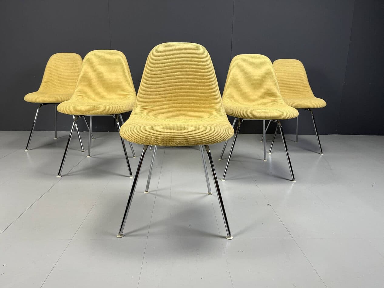 Set of Six Dining Chairs, Eames, yellow, fabric, fiberglass, chrome, by C. & R. Eames, Herman Miller, USA, 1970s. - 265148