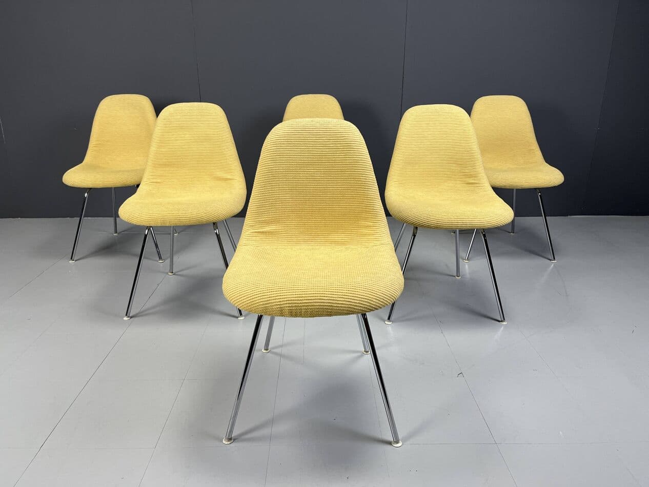 Set of Six Dining Chairs, Eames, yellow, fabric, fiberglass, chrome, by C. & R. Eames, Herman Miller, USA, 1970s. - 265150